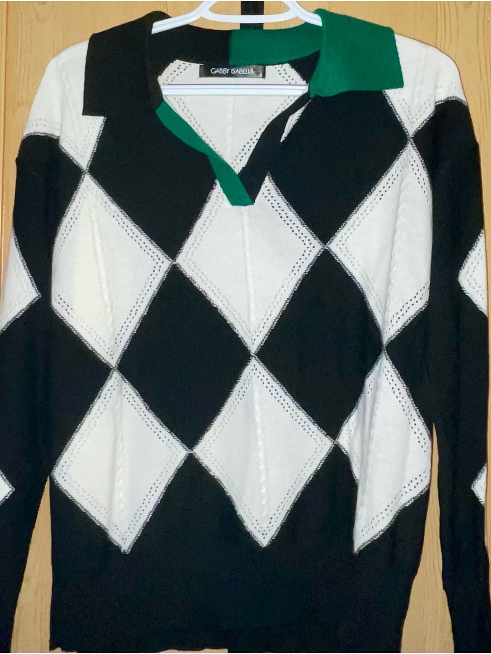 Gabby Isabella Black & White Argyle Sweater with Green Collar Detail